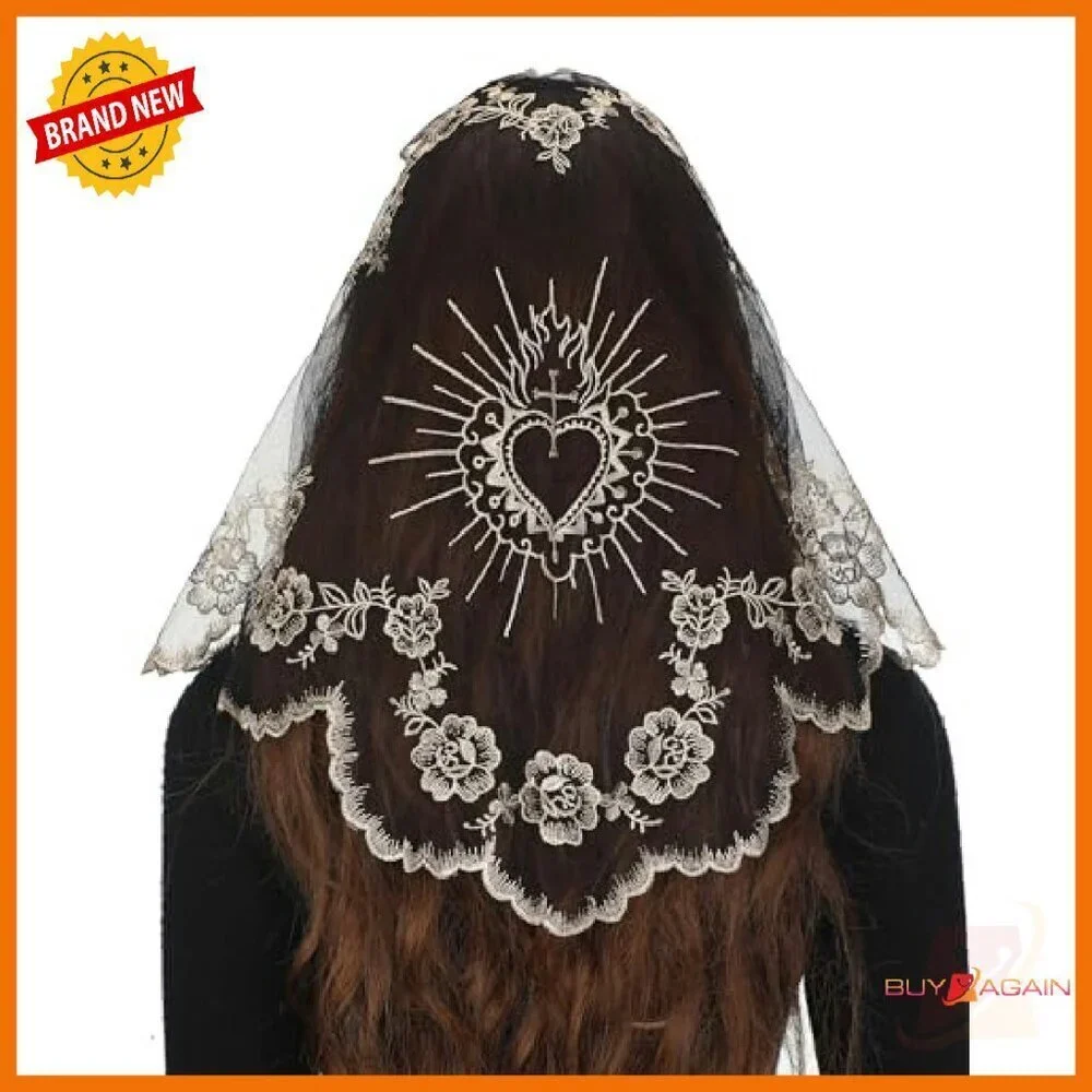 Lace Triangle Veil with Sacred Heart Camellia Embroidery for Church Wedding
